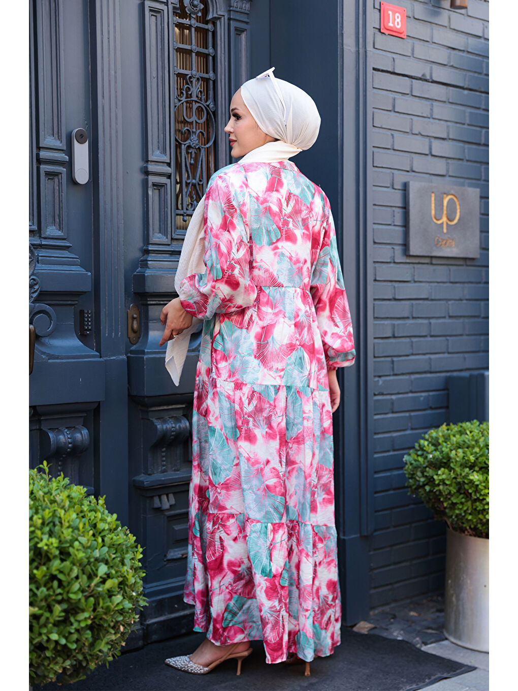 Kadın Yaprak Desen Elbise Fuşya-3