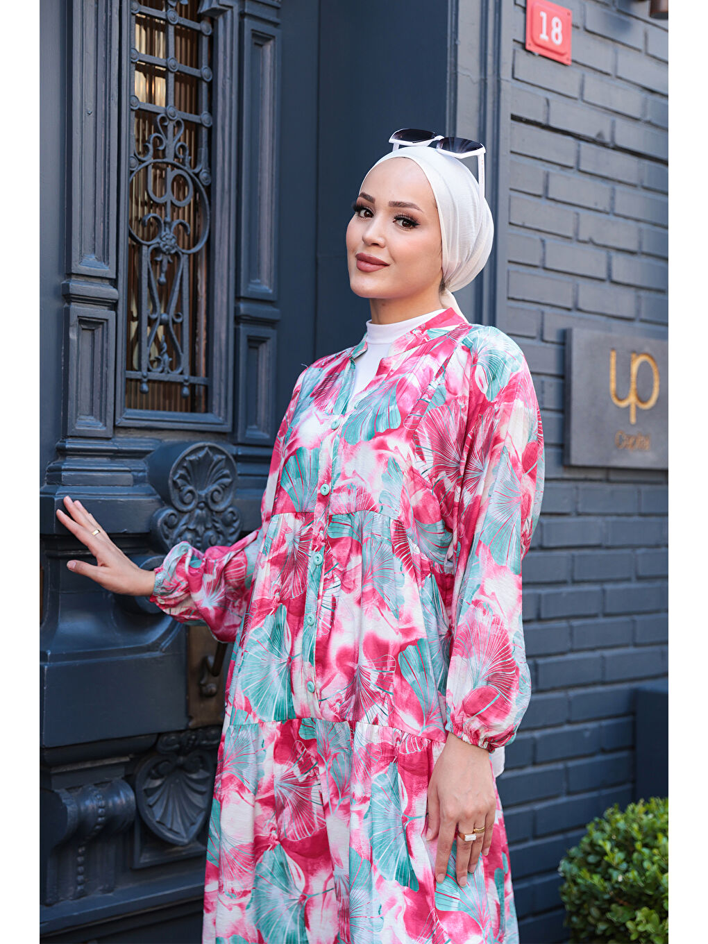 Kadın Yaprak Desen Elbise Fuşya-4