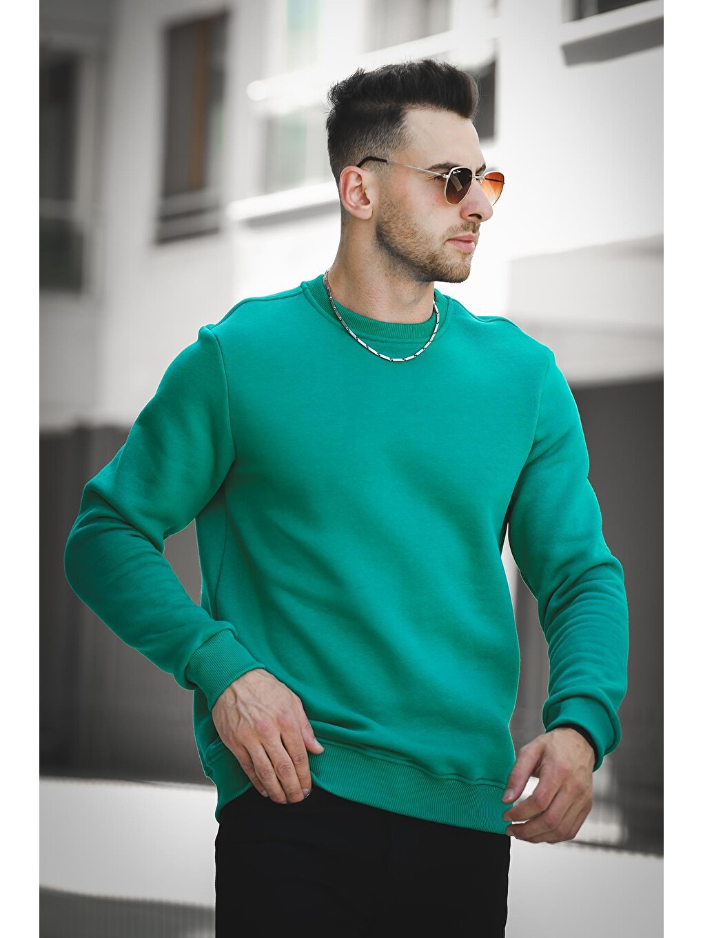 Yeşil Üç İplik Şardonlu Pamuklu Bisiklet Yaka Sweatshirt-1