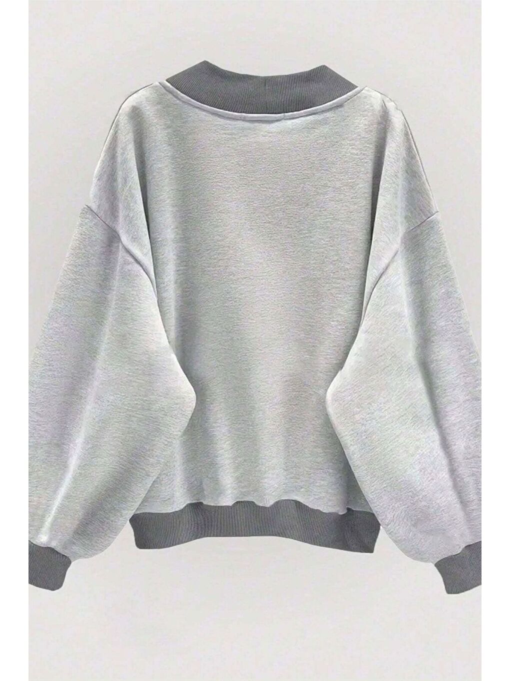 Trendseninle Açık Gri Kadın LightGri Düz V Yaka Oversize Sweatshirt - 1