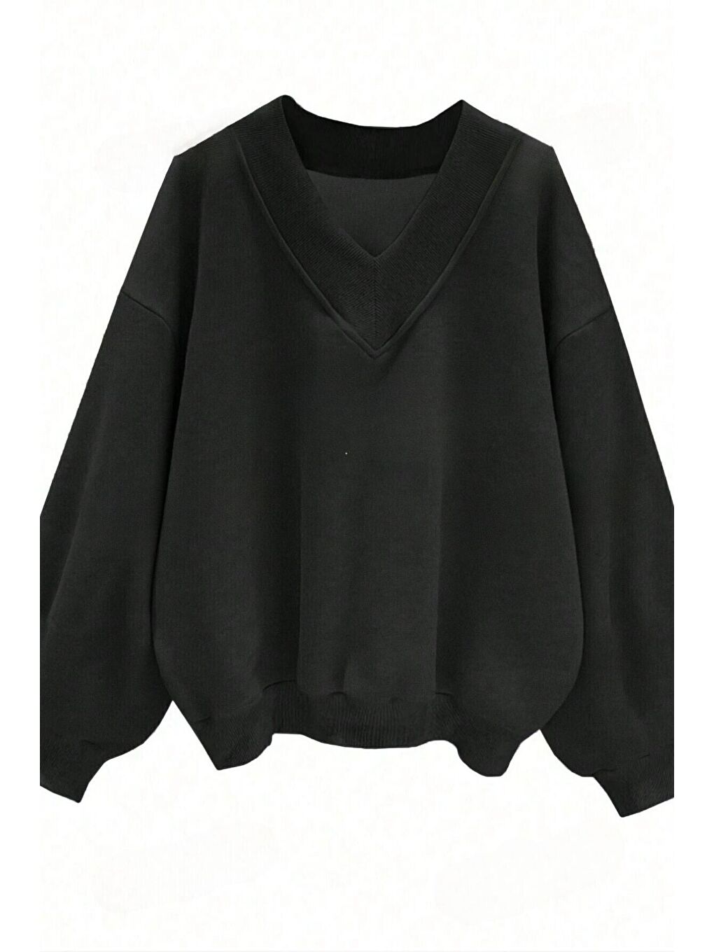 Trendseninle Açık Siyah Kadın Siyah Düz V Yaka Oversize Sweatshirt