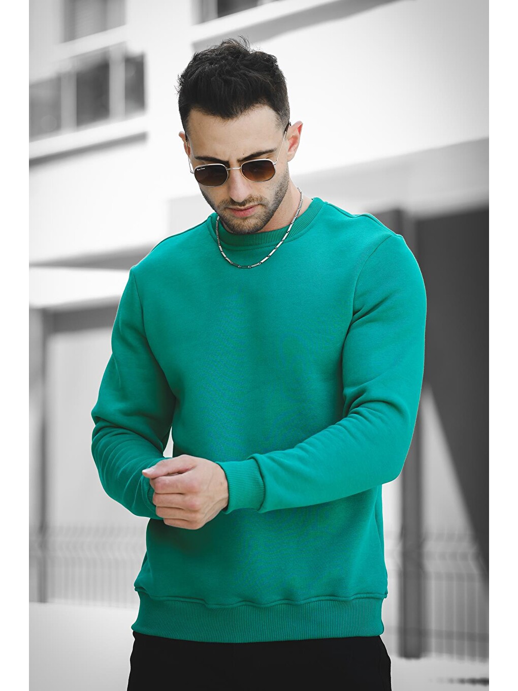 Yeşil Üç İplik Şardonlu Pamuklu Bisiklet Yaka Sweatshirt-2