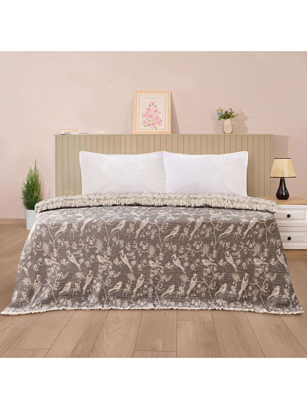 Soft Birds Çift Kişilik Yatak Örtüsü - Antrasit - 220x240 cm-3