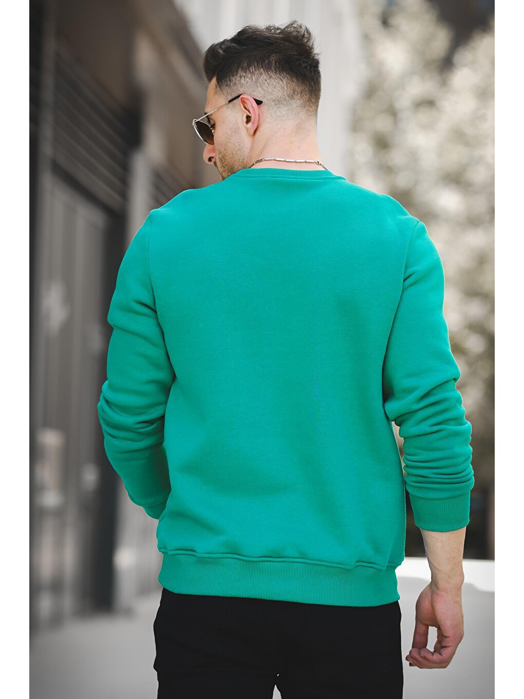 Yeşil Üç İplik Şardonlu Pamuklu Bisiklet Yaka Sweatshirt-3