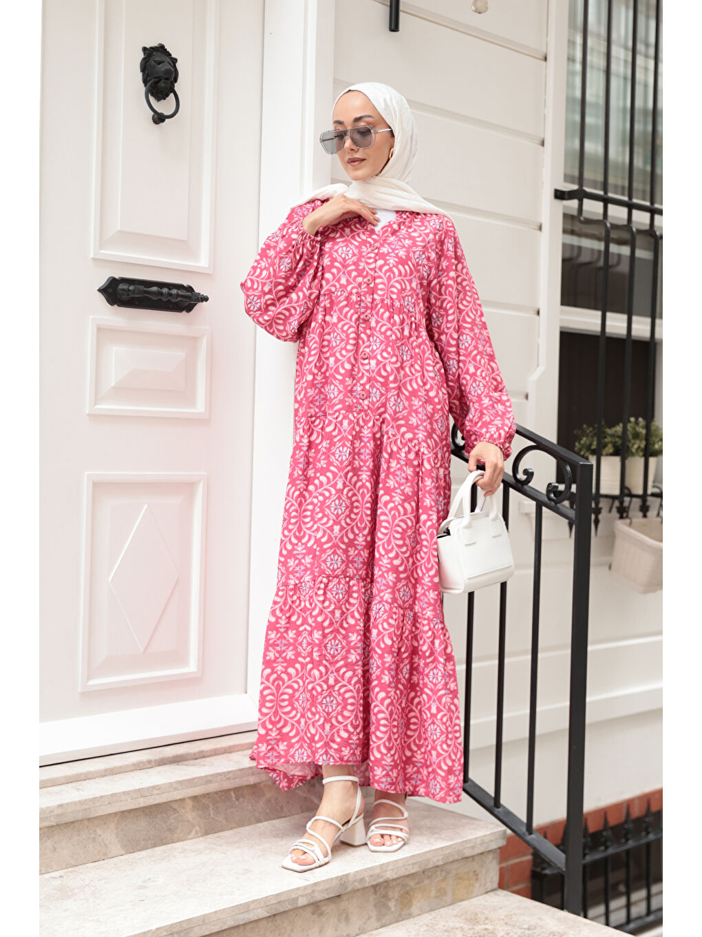 Kadın Lale Desenli Elbise Fuşya-1