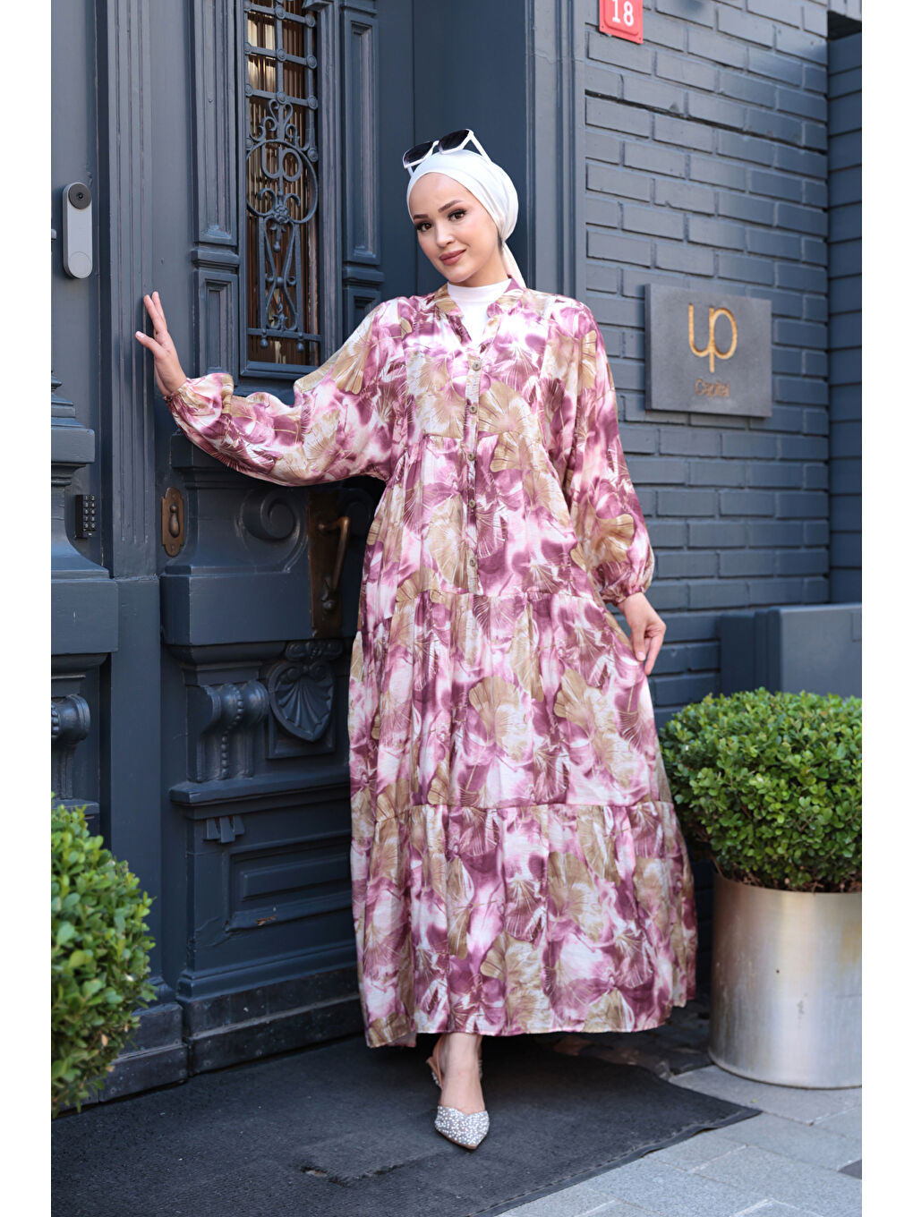 Kadın Yaprak Desen Elbise Mürdüm