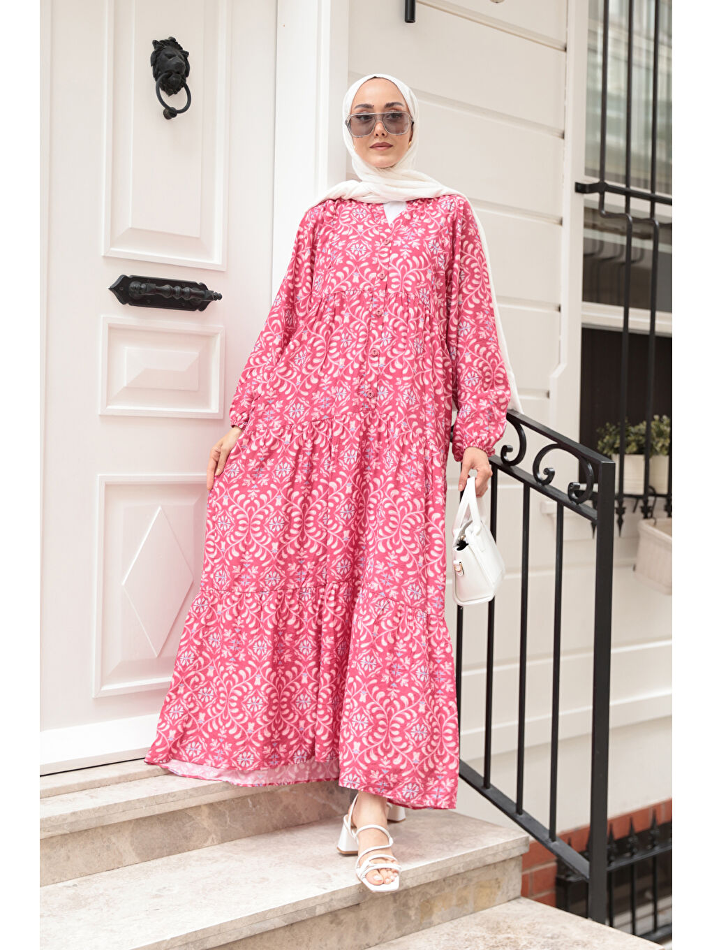 Kadın Lale Desenli Elbise Fuşya-2