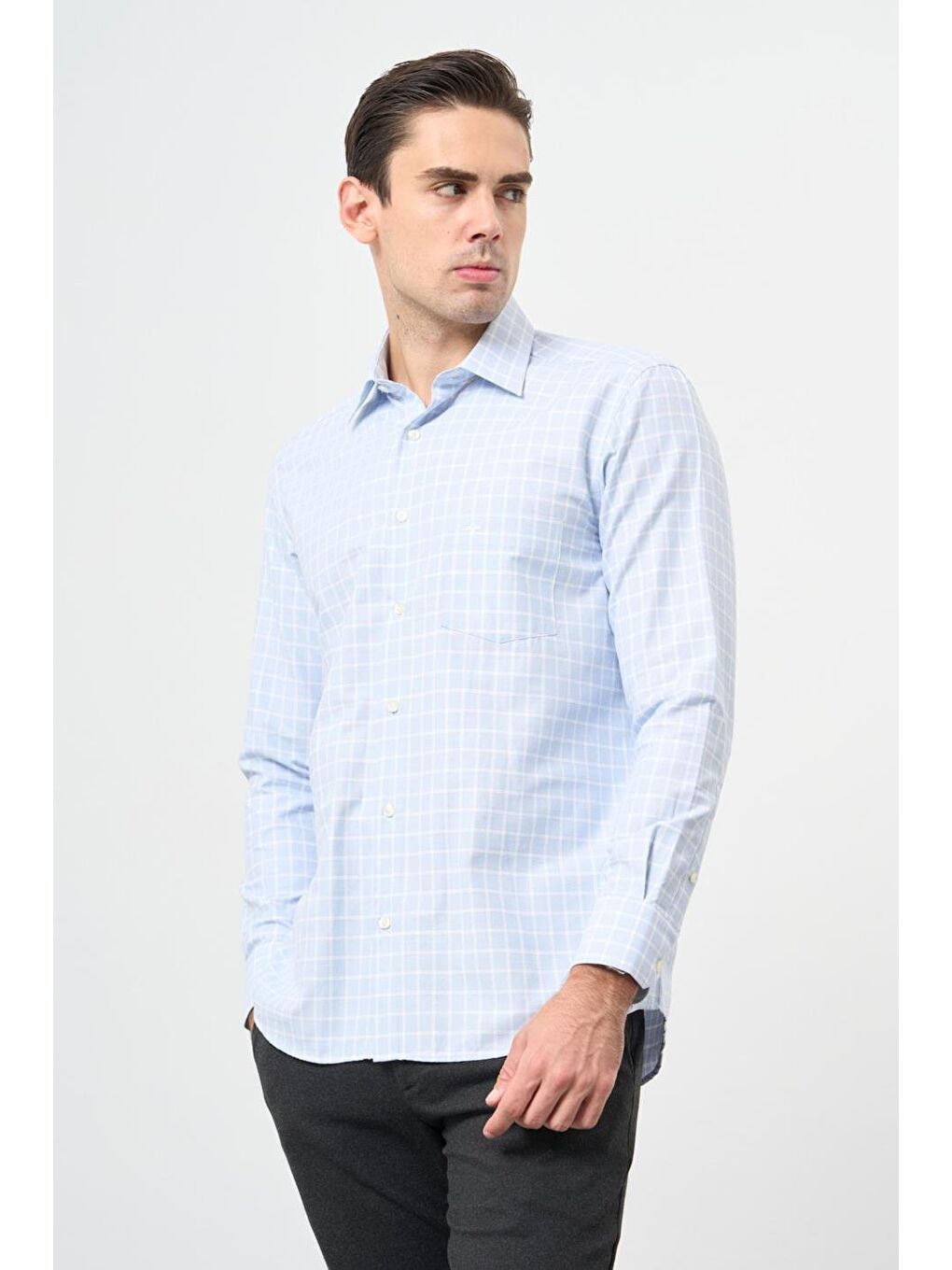 Koyu Mavi Uzun Kol Kareli Desen Cepli Pamuklu Classic Comfort Fit Gömlek 1004245162-2