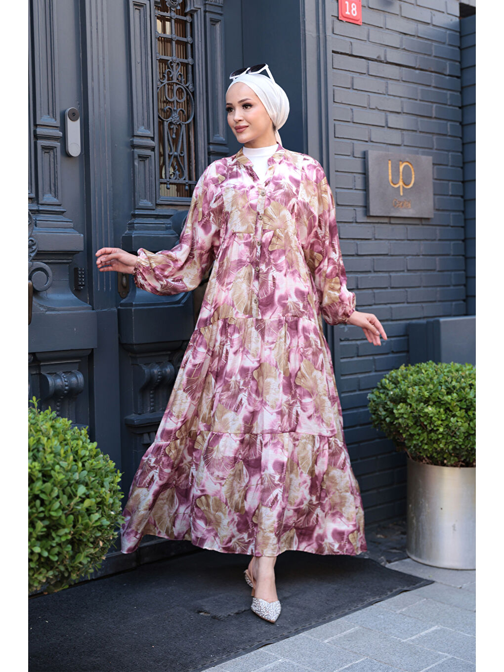 Kadın Yaprak Desen Elbise Mürdüm-1