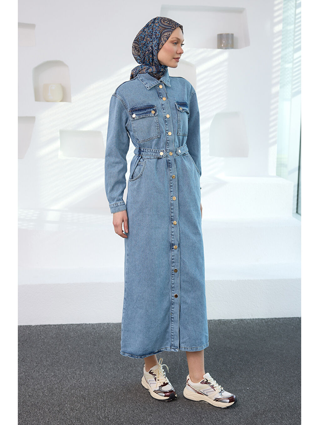 Kadın Çıt Çıt Kemerli Jean Elbise  Mavi-1