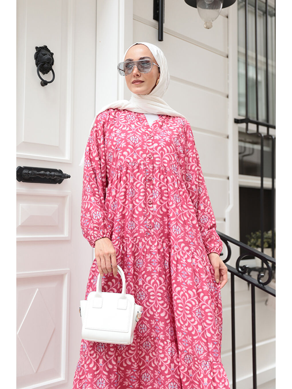 Kadın Lale Desenli Elbise Fuşya-3