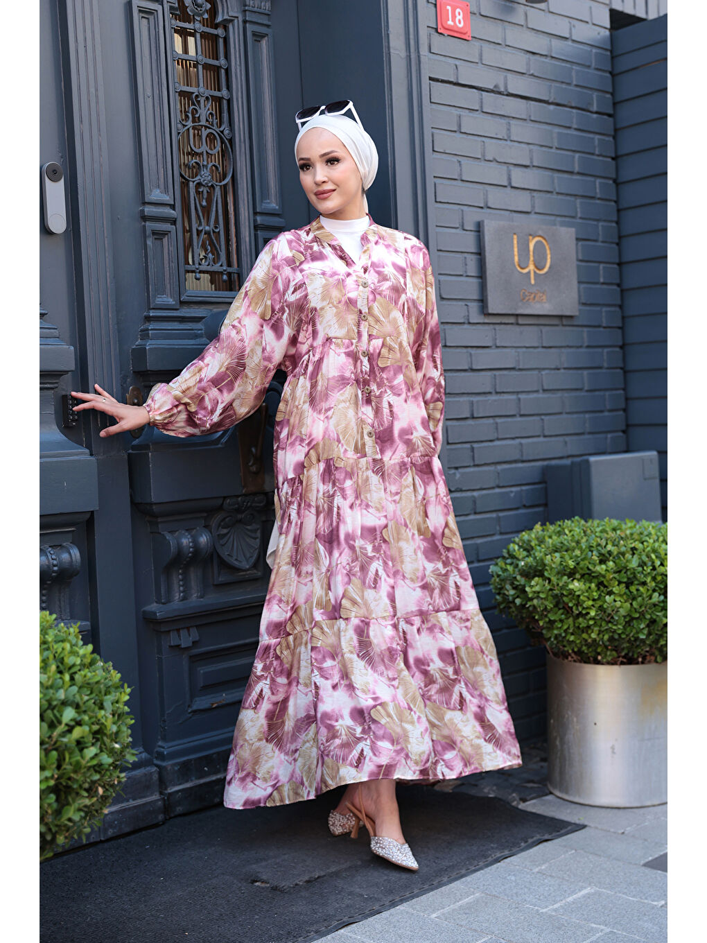 Kadın Yaprak Desen Elbise Mürdüm-2