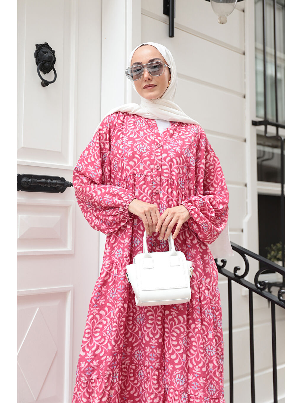 Kadın Lale Desenli Elbise Fuşya-4