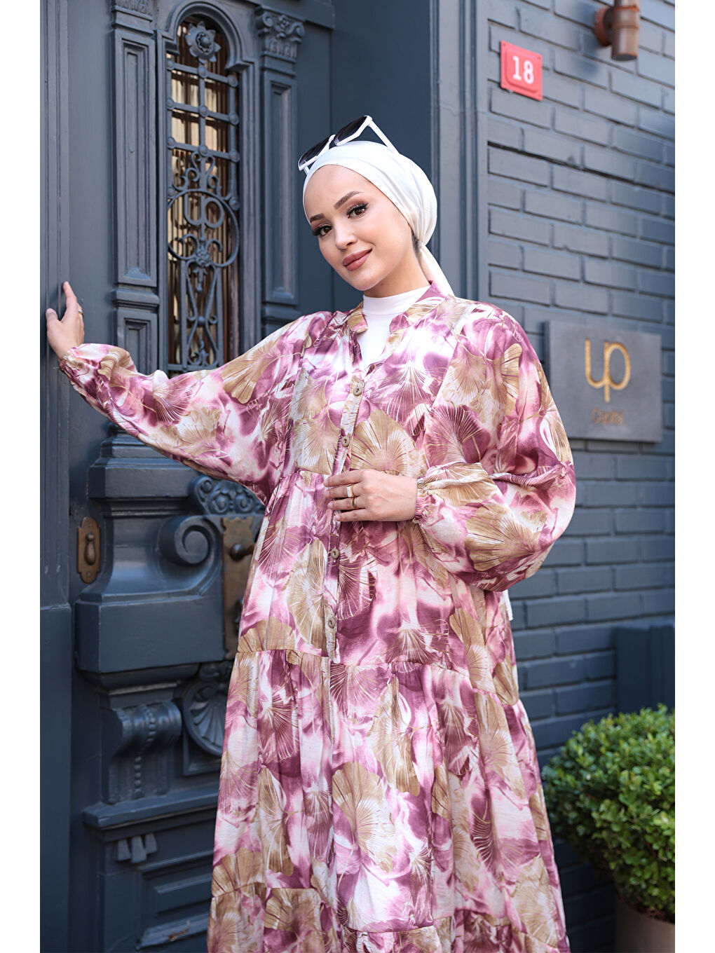 Kadın Yaprak Desen Elbise Mürdüm-3