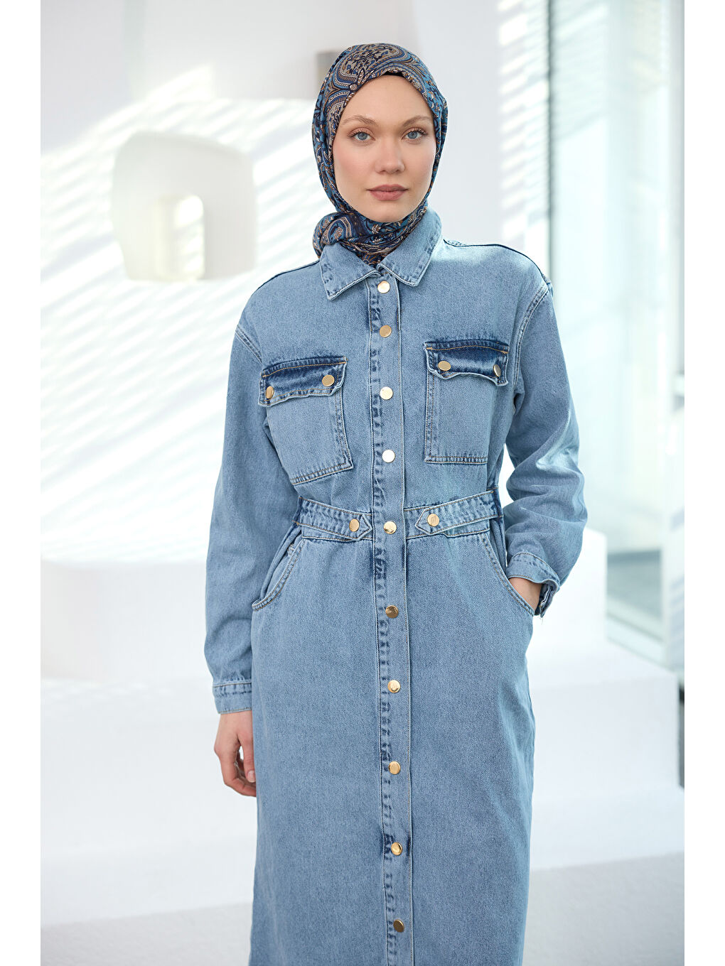 Kadın Çıt Çıt Kemerli Jean Elbise  Mavi-2