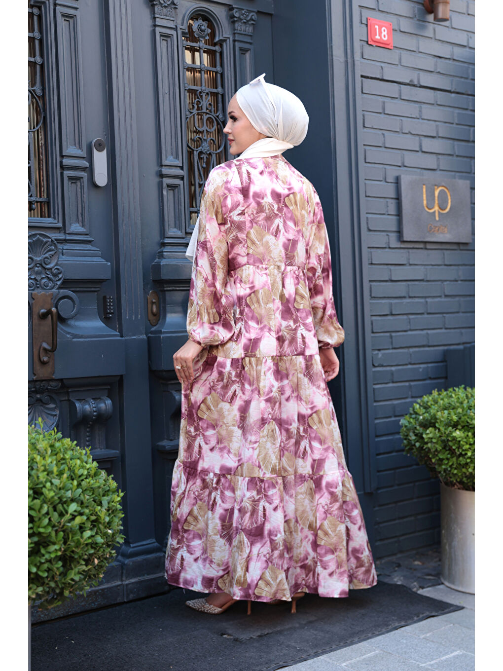 Kadın Yaprak Desen Elbise Mürdüm-4