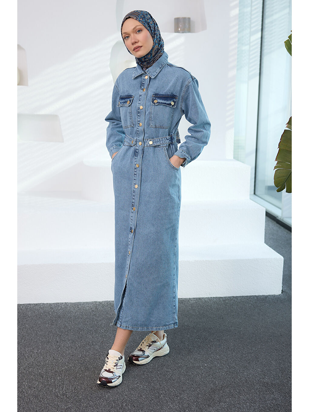 Kadın Çıt Çıt Kemerli Jean Elbise  Mavi-3