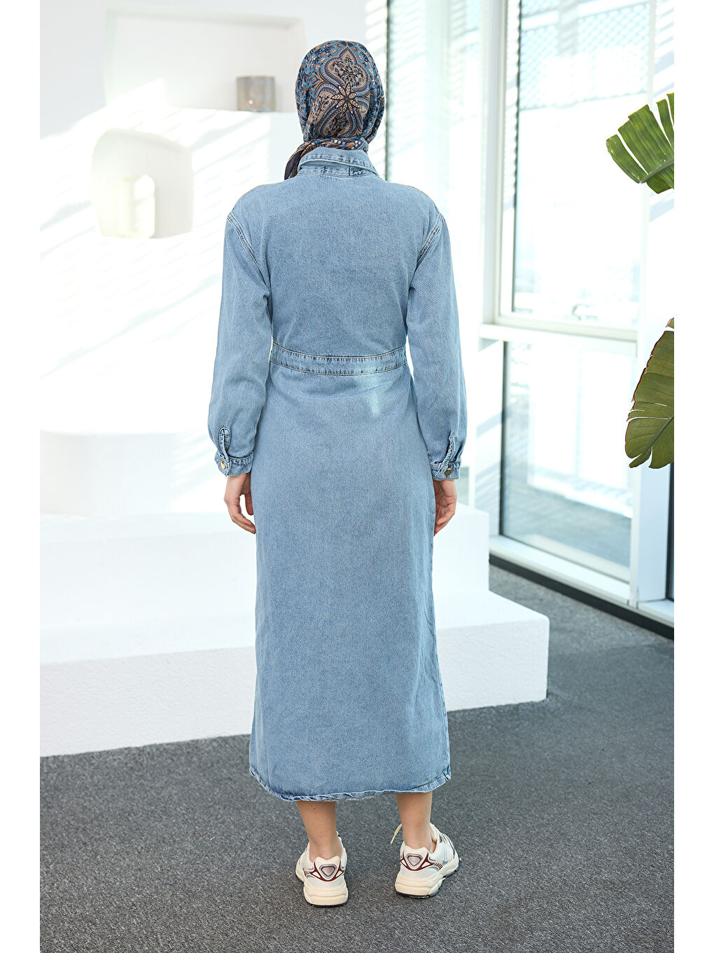 Kadın Çıt Çıt Kemerli Jean Elbise  Mavi-4