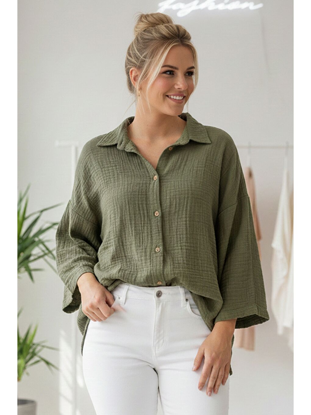 Haki Gömlek Yaka Uzun Kol Düğmeli Casual Müslin Dokuma Gömlek 75 65