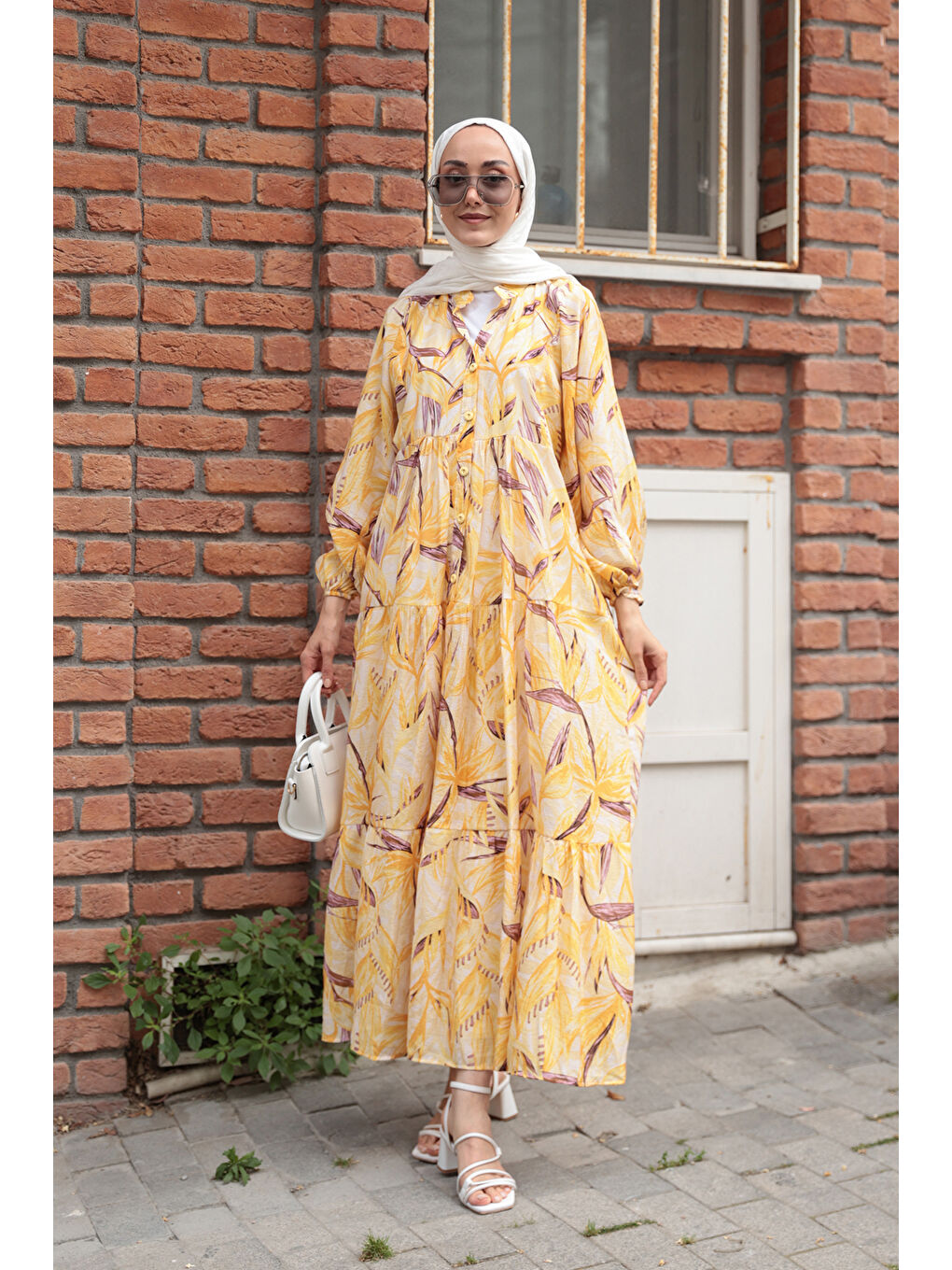 Kadın Kırlangıç Desenli Elbise Sarı