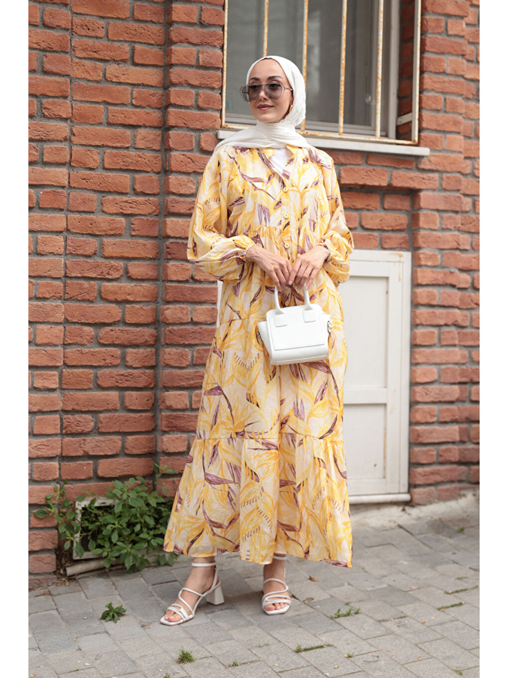 Kadın Kırlangıç Desenli Elbise Sarı-1