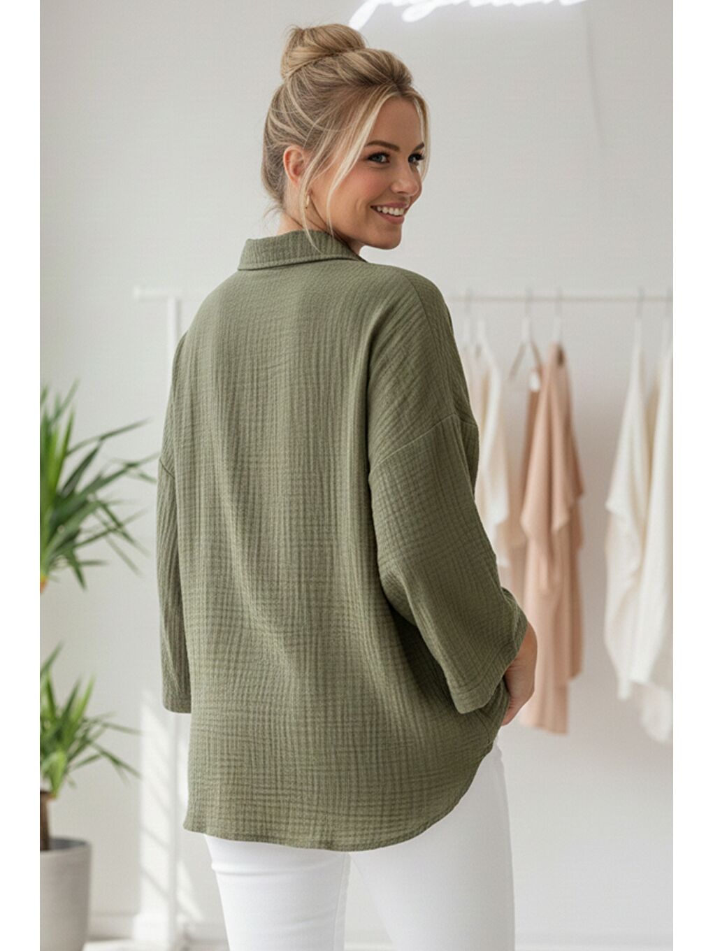 Haki Gömlek Yaka Uzun Kol Düğmeli Casual Müslin Dokuma Gömlek 75 65-2