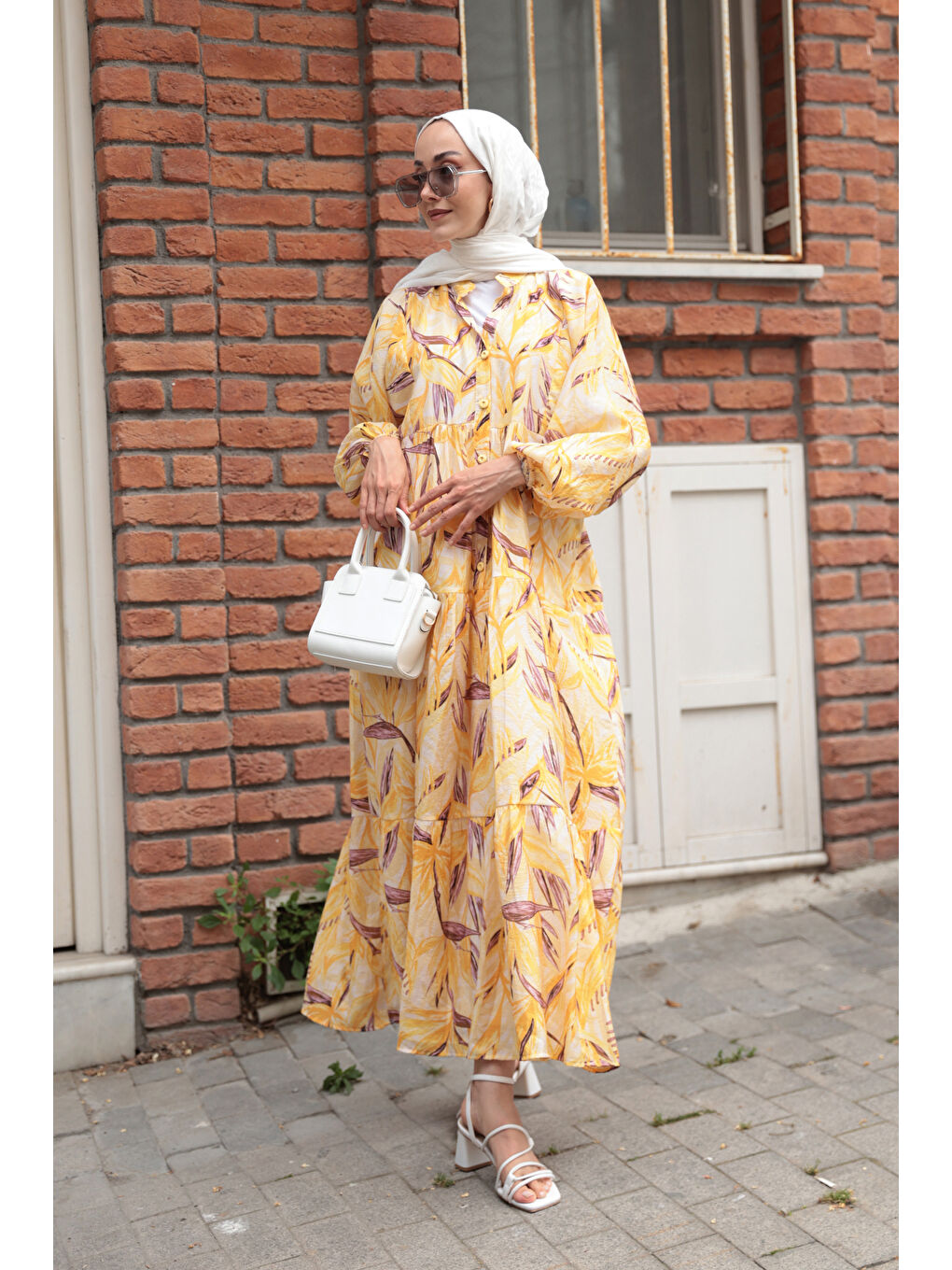 Kadın Kırlangıç Desenli Elbise Sarı-2