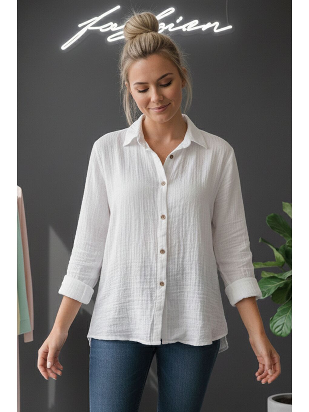 Beyaz Gömlek Yaka Uzun Kol Düğmeli Casual Müslin Dokuma Gömlek 75 65