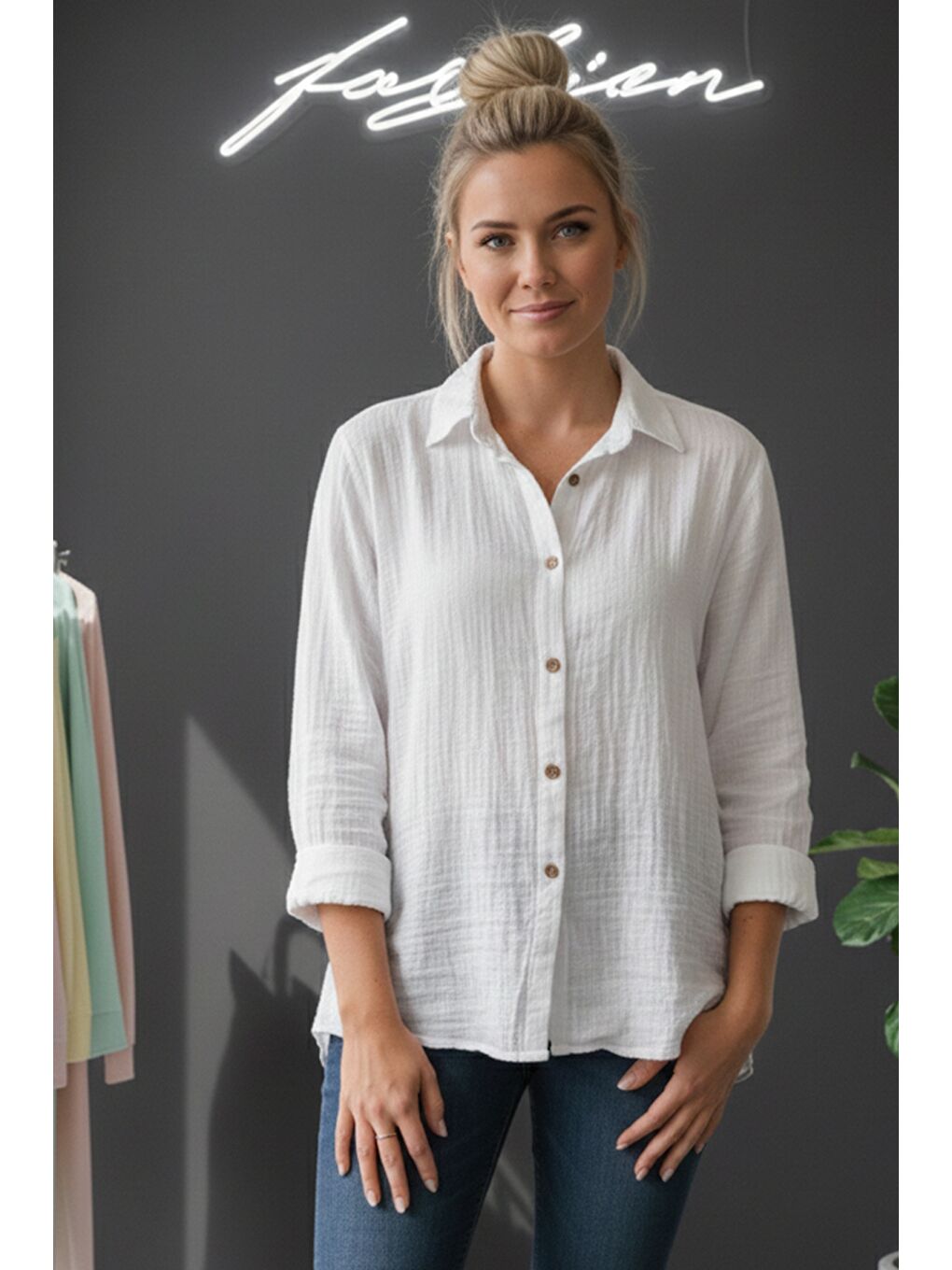 Beyaz Gömlek Yaka Uzun Kol Düğmeli Casual Müslin Dokuma Gömlek 75 65-1