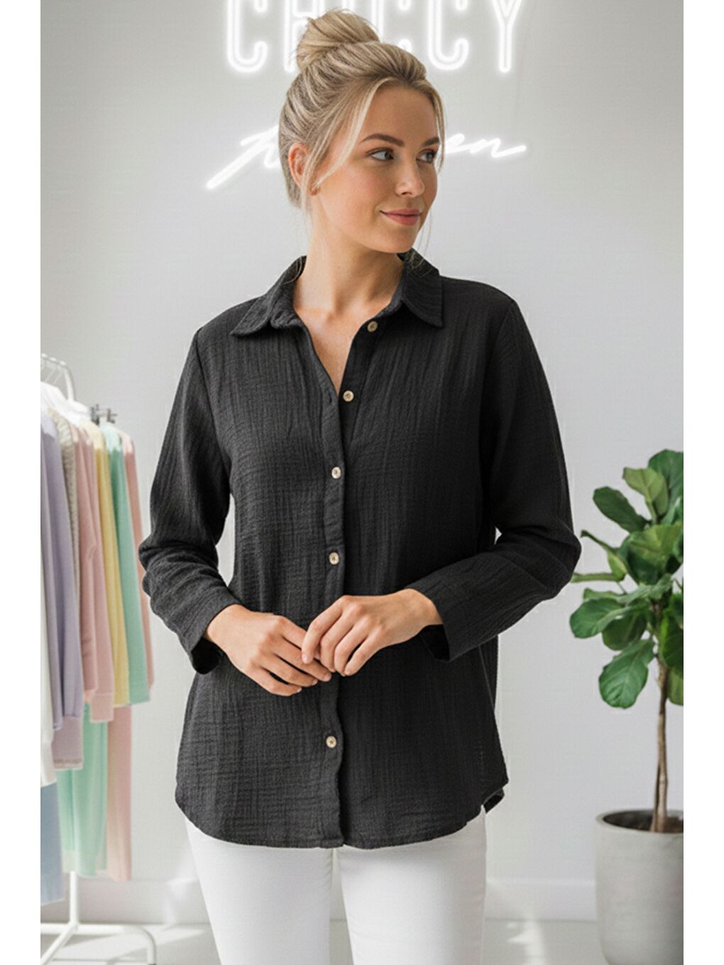 Siyah Gömlek Yaka Uzun Kol Düğmeli Casual Müslin Dokuma Gömlek 75 65