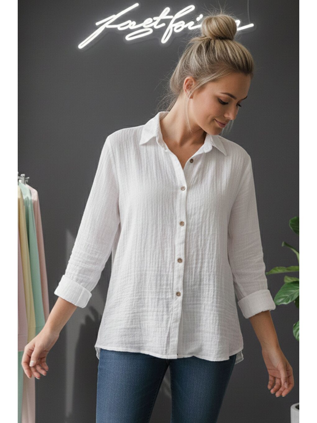 Beyaz Gömlek Yaka Uzun Kol Düğmeli Casual Müslin Dokuma Gömlek 75 65-2