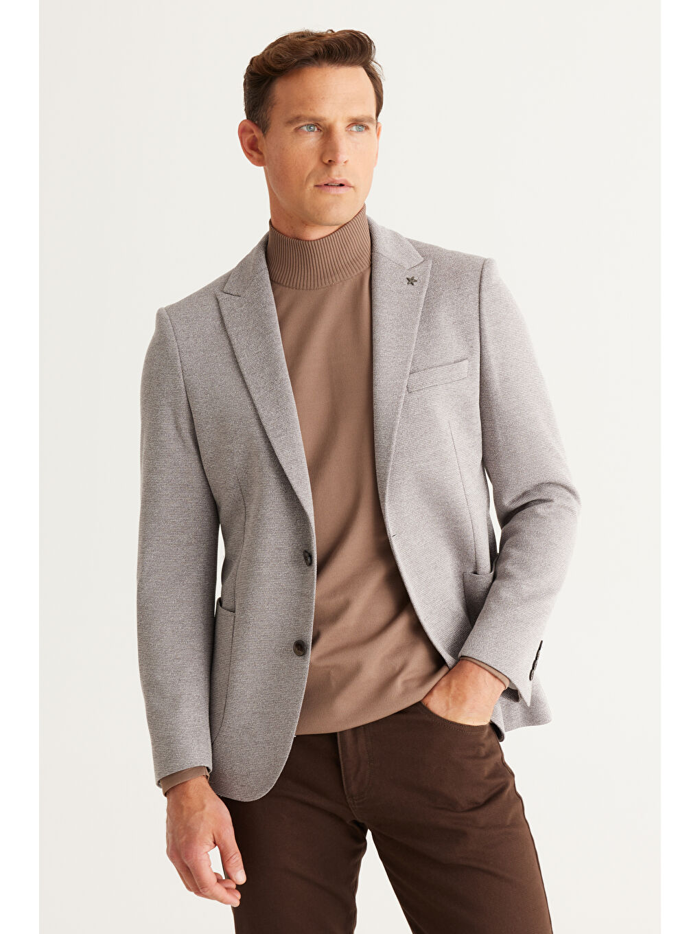 Erkek Gri Slim Fit Dar Kesim Kırlangıç Yaka Desenli Ceket