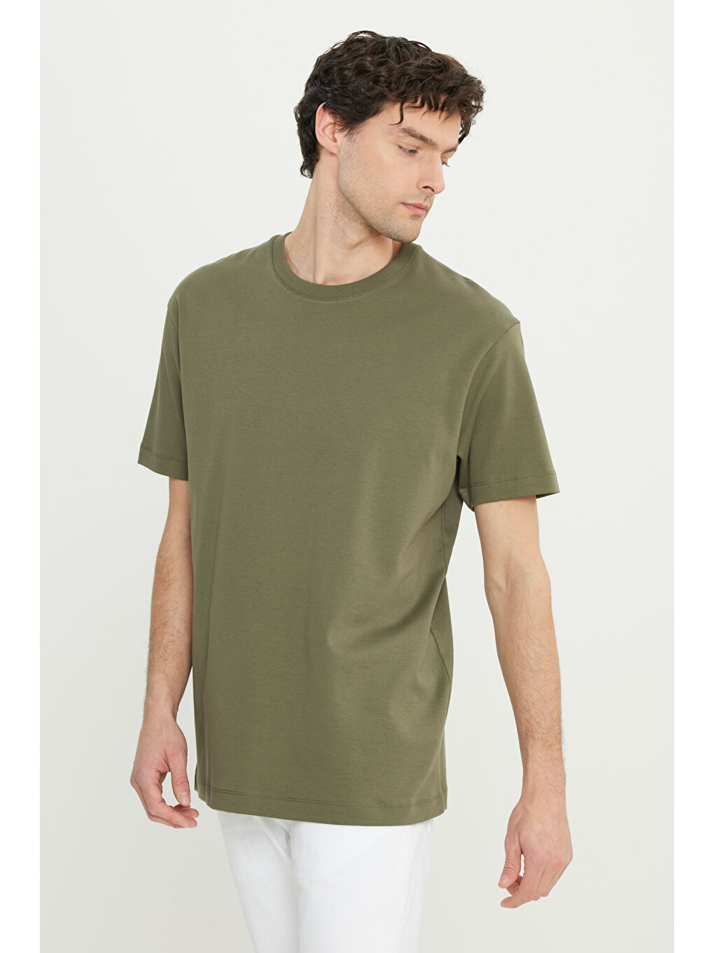 Erkek Haki %100 Pamuk Modern Fit Rahat Kesim Bisiklet Yaka Tişört-2