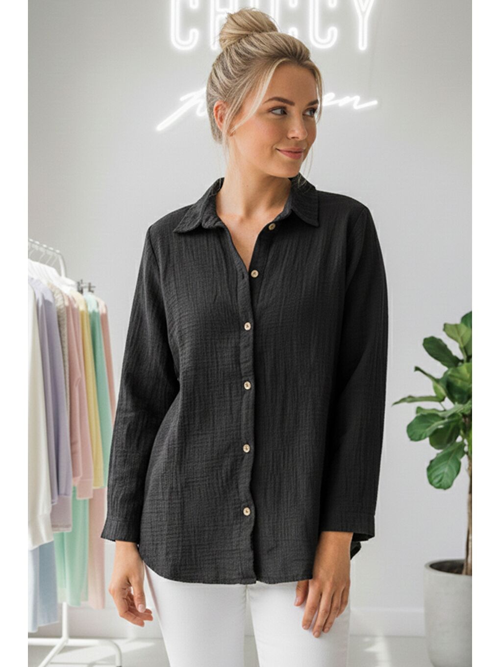 Siyah Gömlek Yaka Uzun Kol Düğmeli Casual Müslin Dokuma Gömlek 75 65-2