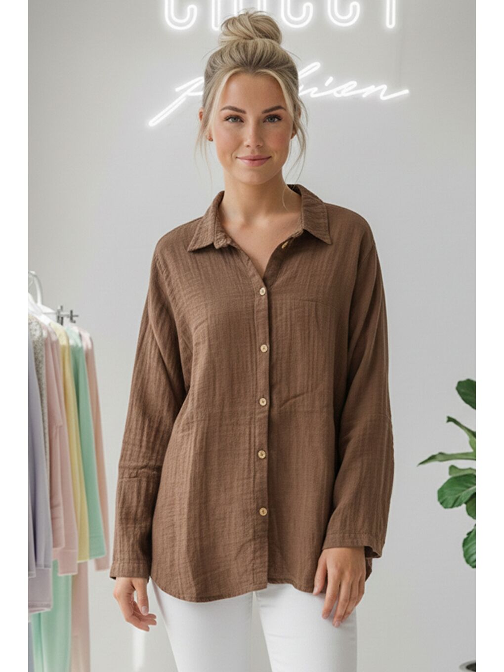 Kahverengi Tarçın Rengi Gömlek Yaka Uzun Kol Düğmeli Casual Müslin Dokuma Gömlek 75 65-1