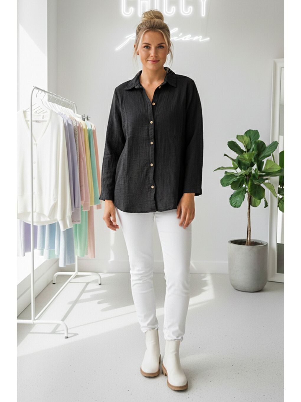 Siyah Gömlek Yaka Uzun Kol Düğmeli Casual Müslin Dokuma Gömlek 75 65-3