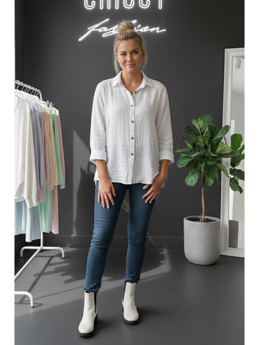 Beyaz Gömlek Yaka Uzun Kol Düğmeli Casual Müslin Dokuma Gömlek 75 65-4