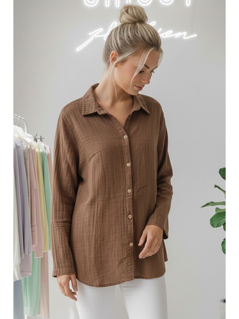 Kahverengi Tarçın Rengi Gömlek Yaka Uzun Kol Düğmeli Casual Müslin Dokuma Gömlek 75 65-2