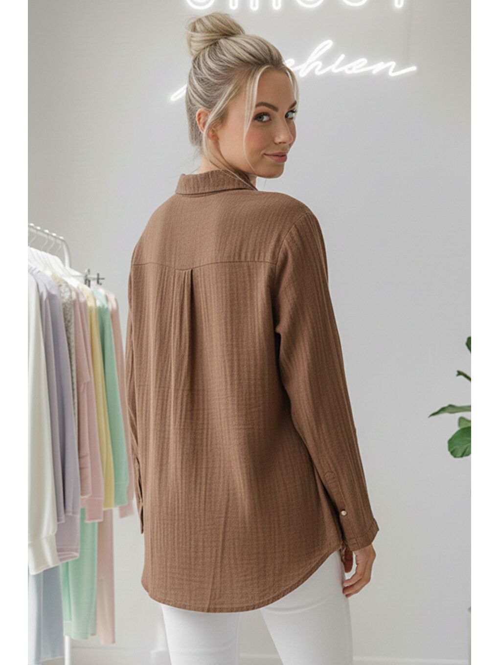 Kahverengi Tarçın Rengi Gömlek Yaka Uzun Kol Düğmeli Casual Müslin Dokuma Gömlek 75 65-3