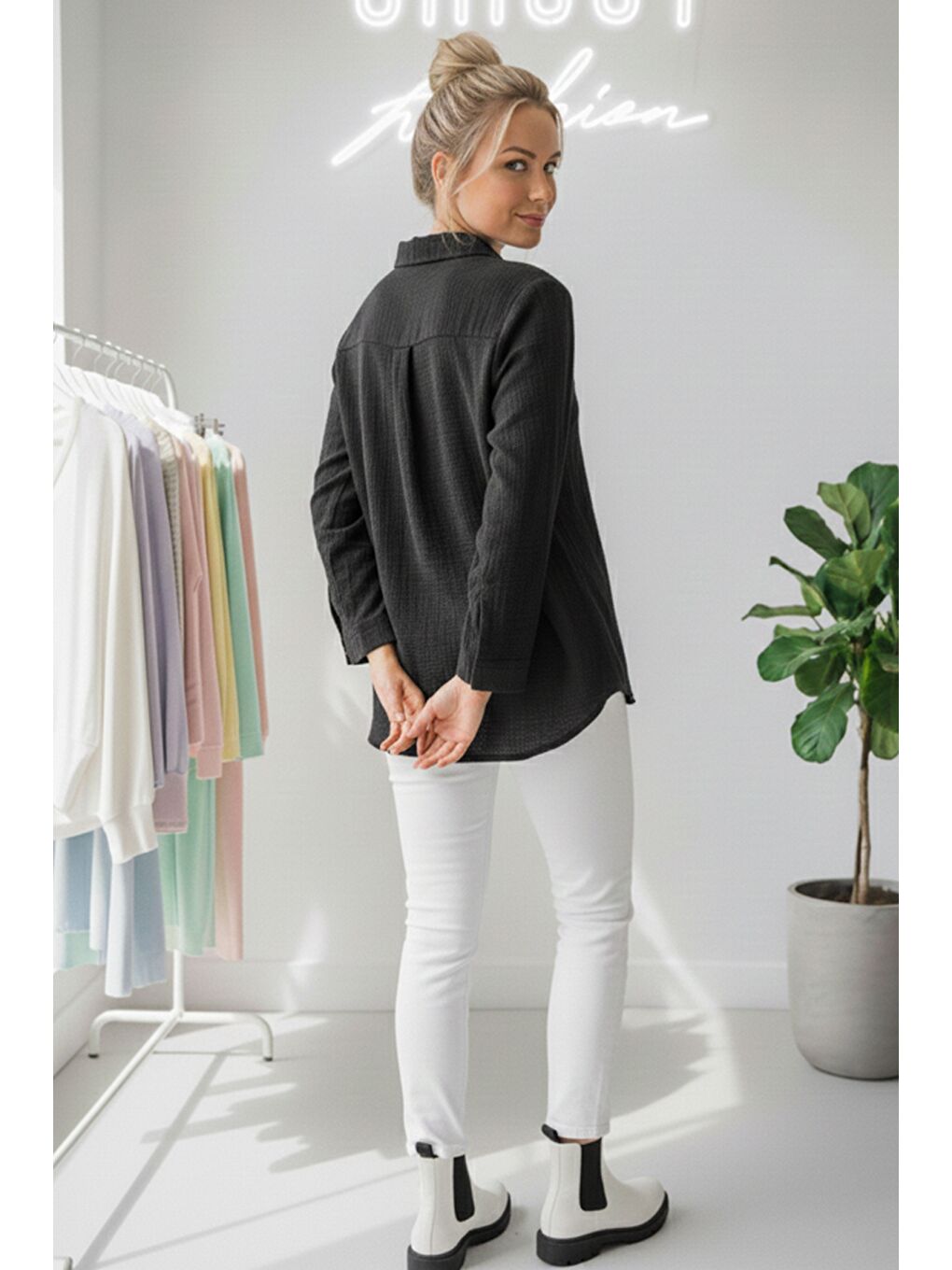 Siyah Gömlek Yaka Uzun Kol Düğmeli Casual Müslin Dokuma Gömlek 75 65-4