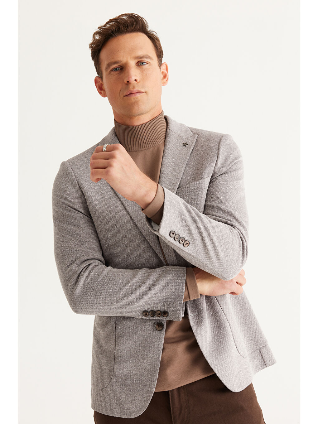 Erkek Gri Slim Fit Dar Kesim Kırlangıç Yaka Desenli Ceket-2