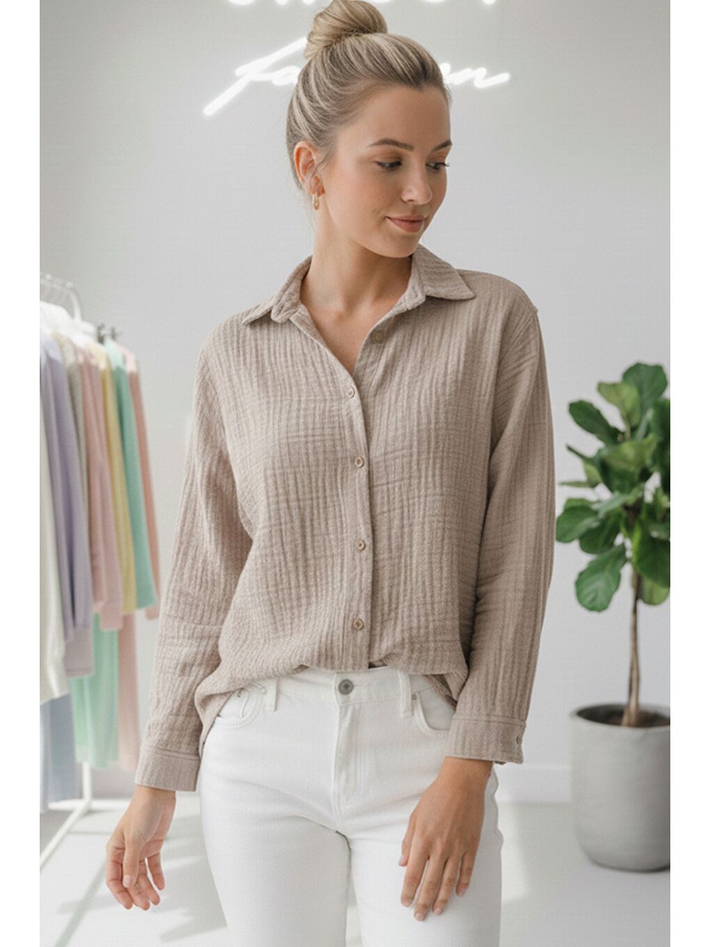 Bej Gömlek Yaka Uzun Kol Düğmeli Casual Müslin Dokuma Gömlek 75 65