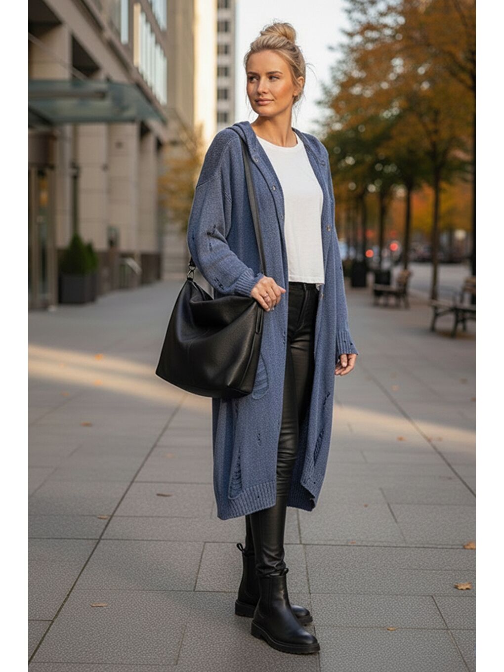 Jean Mavisi Kapüşonlu Uzun Kol Düğmeli Yıkamalı Ve Pis Dikişli Casual Triko Hırka 110 65-1