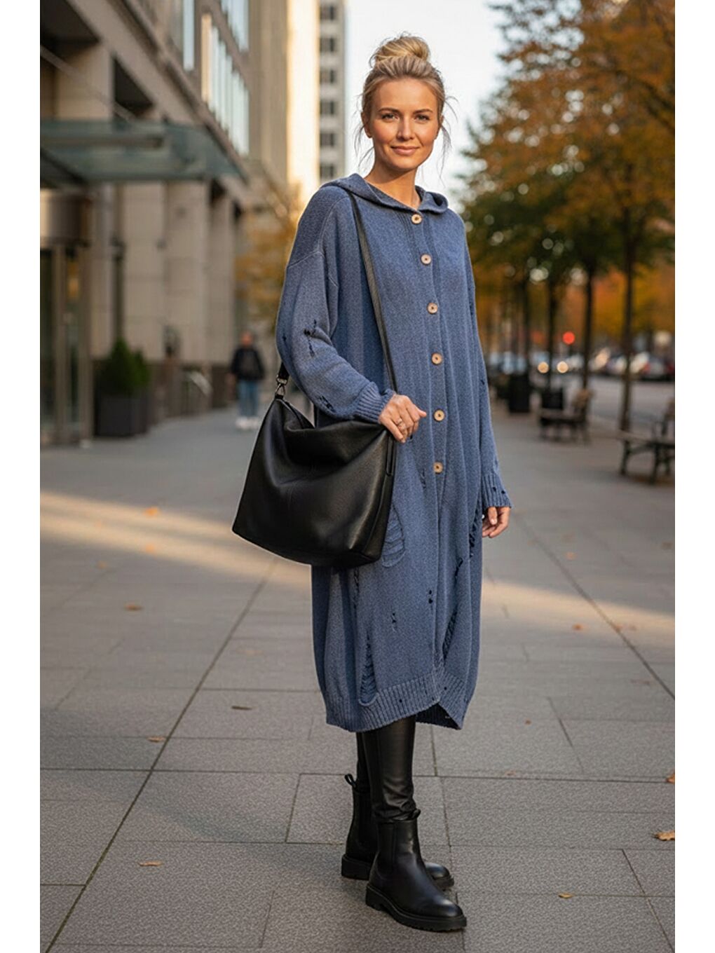 Jean Mavisi Kapüşonlu Uzun Kol Düğmeli Yıkamalı Ve Pis Dikişli Casual Triko Hırka 110 65-2