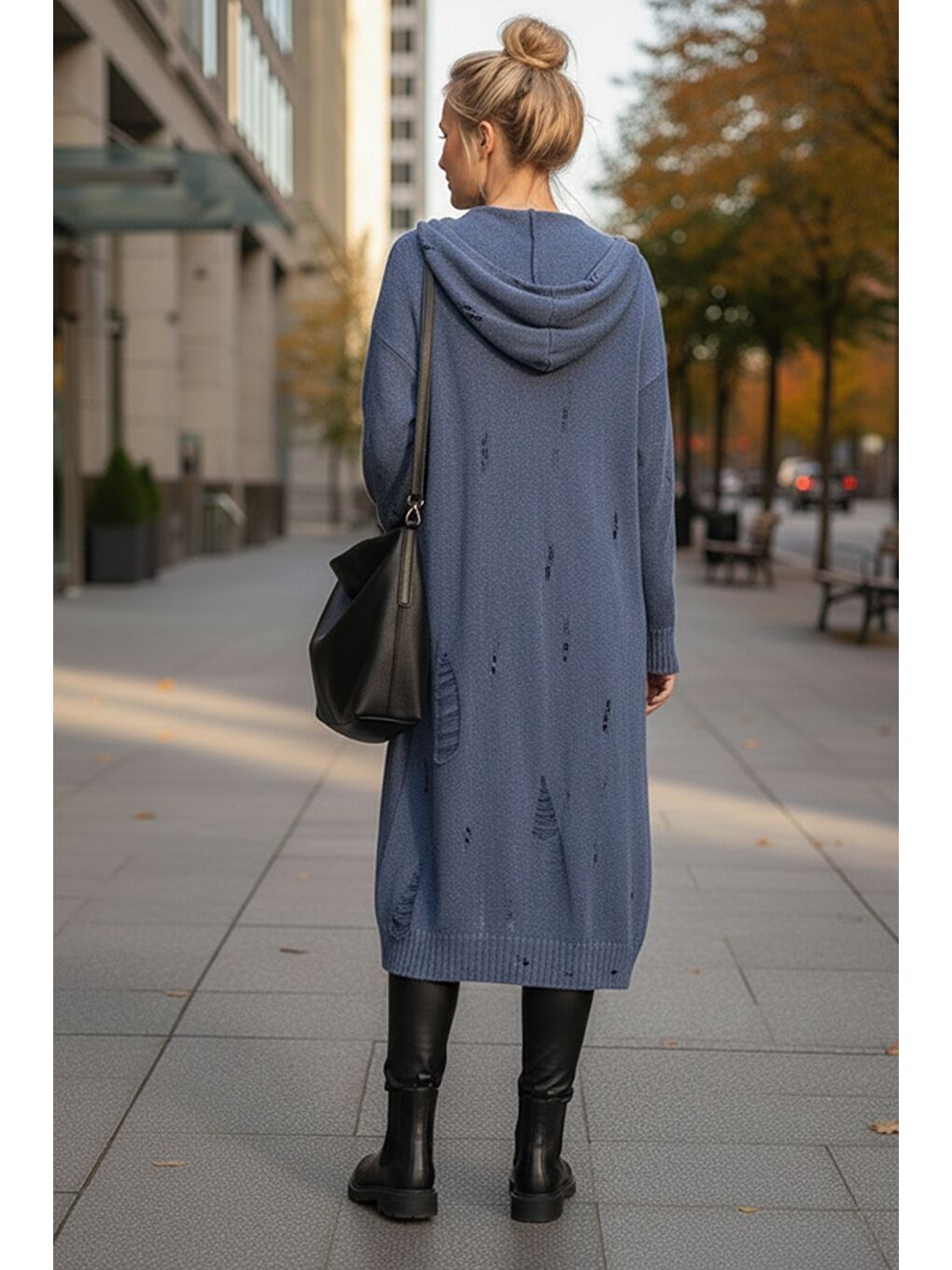 Jean Mavisi Kapüşonlu Uzun Kol Düğmeli Yıkamalı Ve Pis Dikişli Casual Triko Hırka 110 65-3