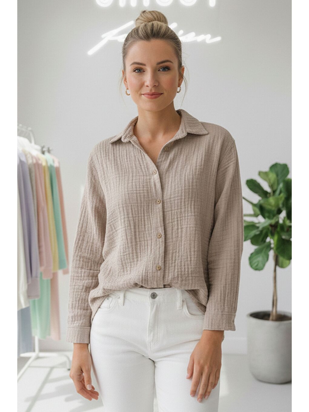 Bej Gömlek Yaka Uzun Kol Düğmeli Casual Müslin Dokuma Gömlek 75 65-1