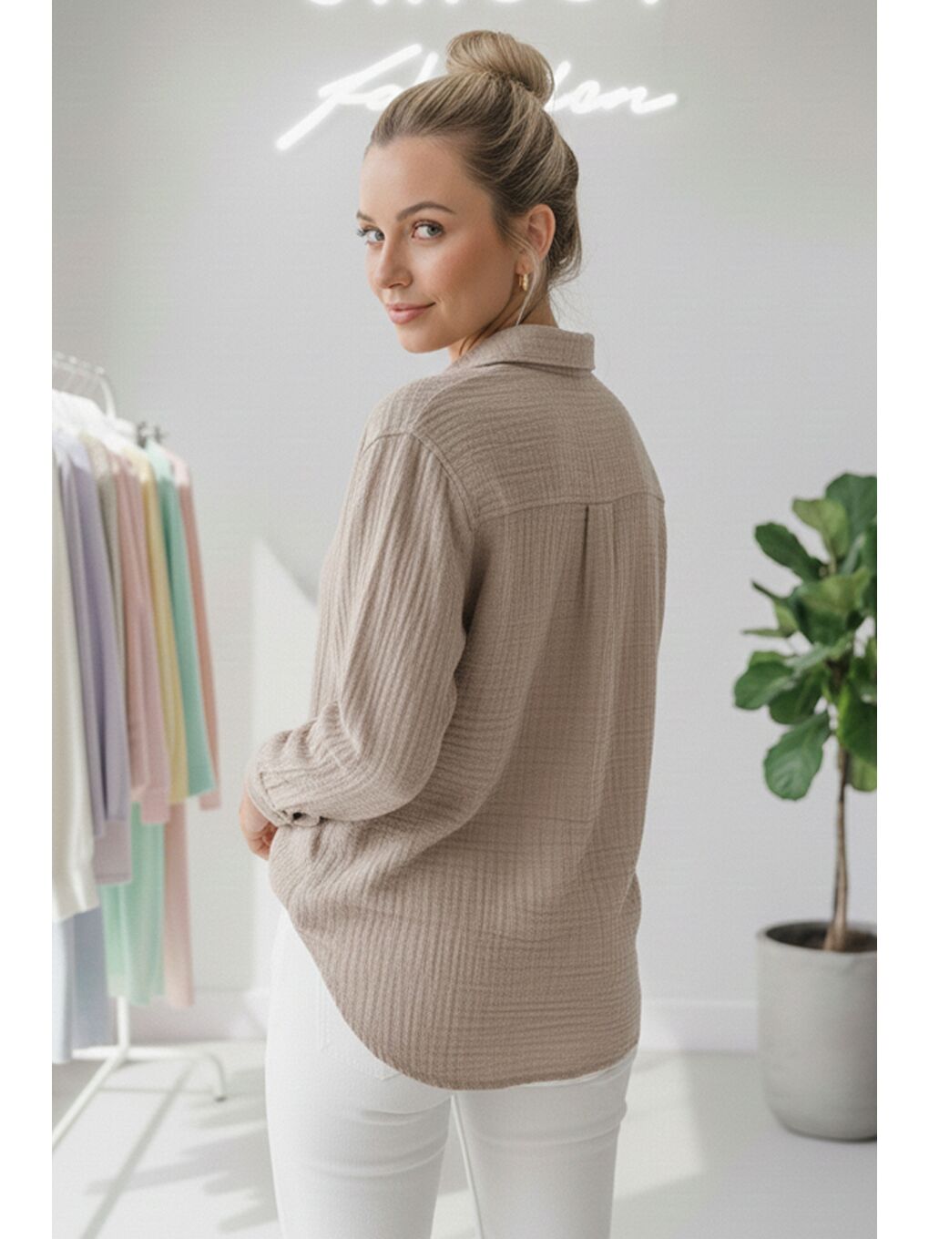 Bej Gömlek Yaka Uzun Kol Düğmeli Casual Müslin Dokuma Gömlek 75 65-3