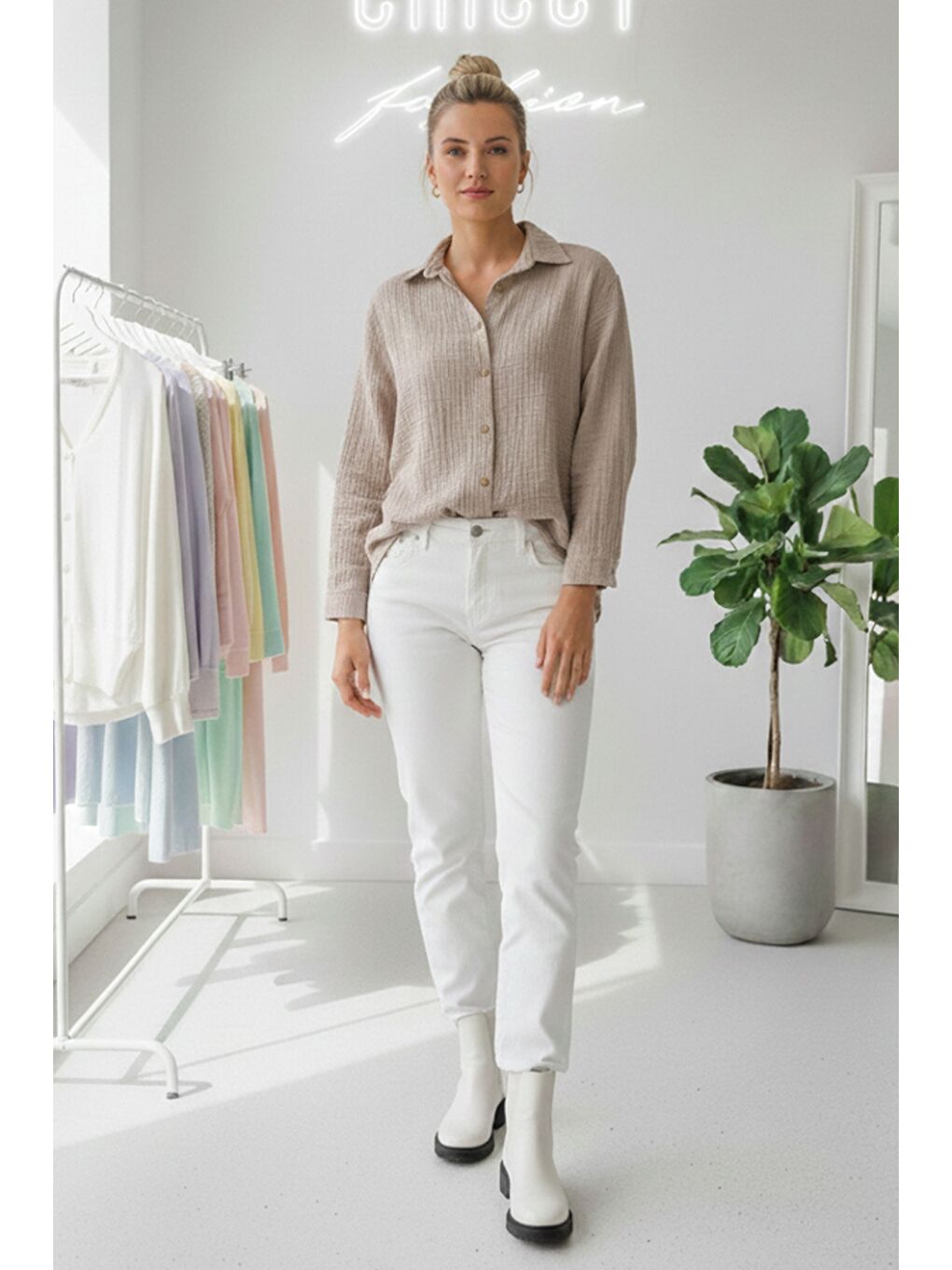 Bej Gömlek Yaka Uzun Kol Düğmeli Casual Müslin Dokuma Gömlek 75 65-4