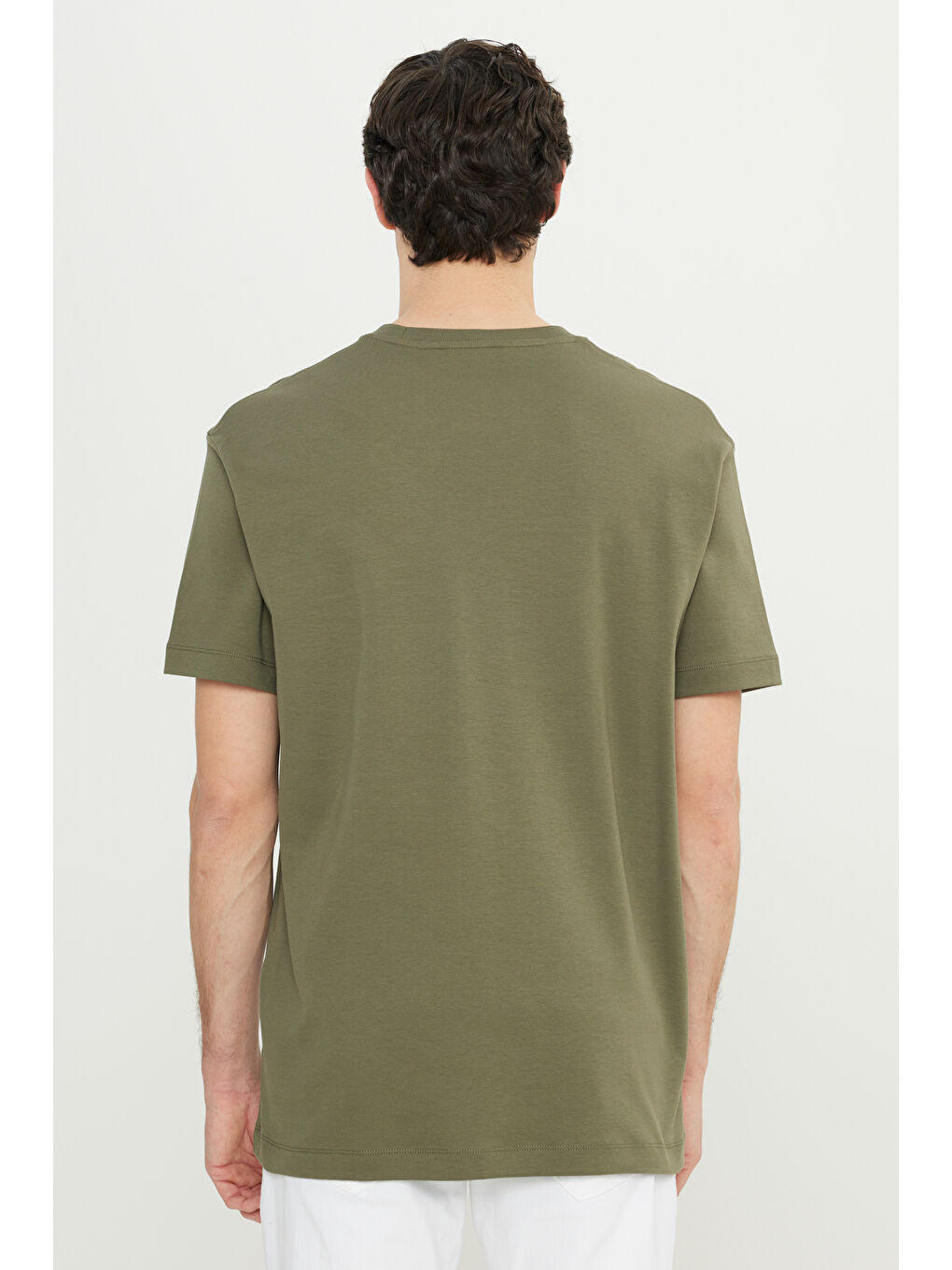 Erkek Haki %100 Pamuk Modern Fit Rahat Kesim Bisiklet Yaka Tişört-4