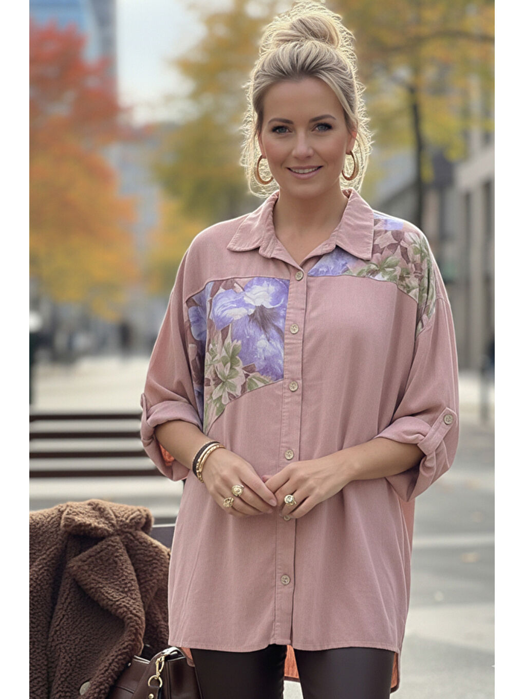 İtalyan Pastel Pembe Uzun Kol Çiçekli Düğmeli İnce Kadife Casual Dokuma Gömlek 75-80 70